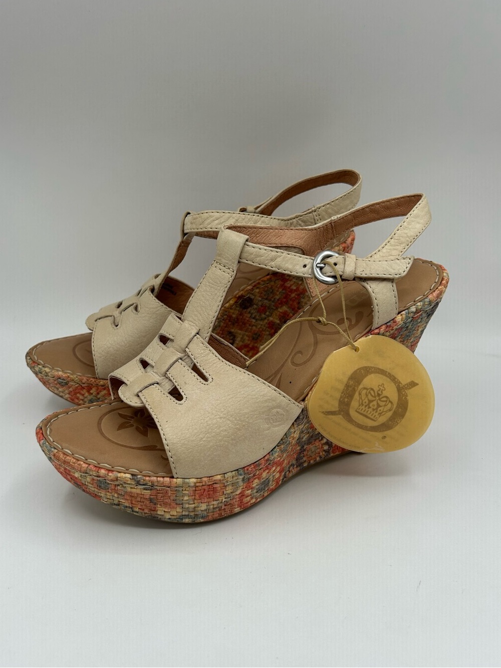 Born Rebecka Floral Espadrille Wedge Sandals sz 8 Women Beige Leather Boho High